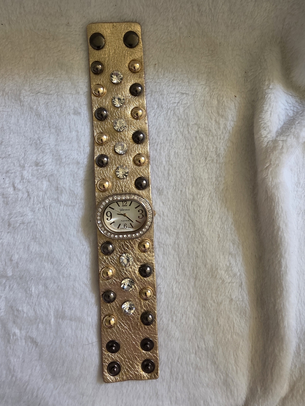 Geneva Platinum Gold Wide Cuff Studded Bracelet Watch Rhinestone Y2K Statement